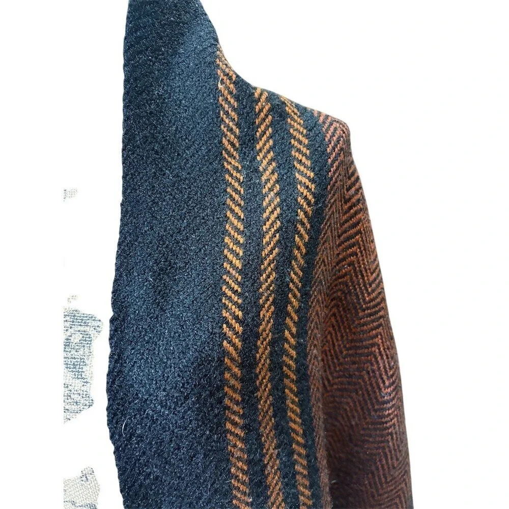 Unbranded Womens Shawl Wrap Scarf Black Rust Herringbone Stripe Fringe - Picture 2 of 7